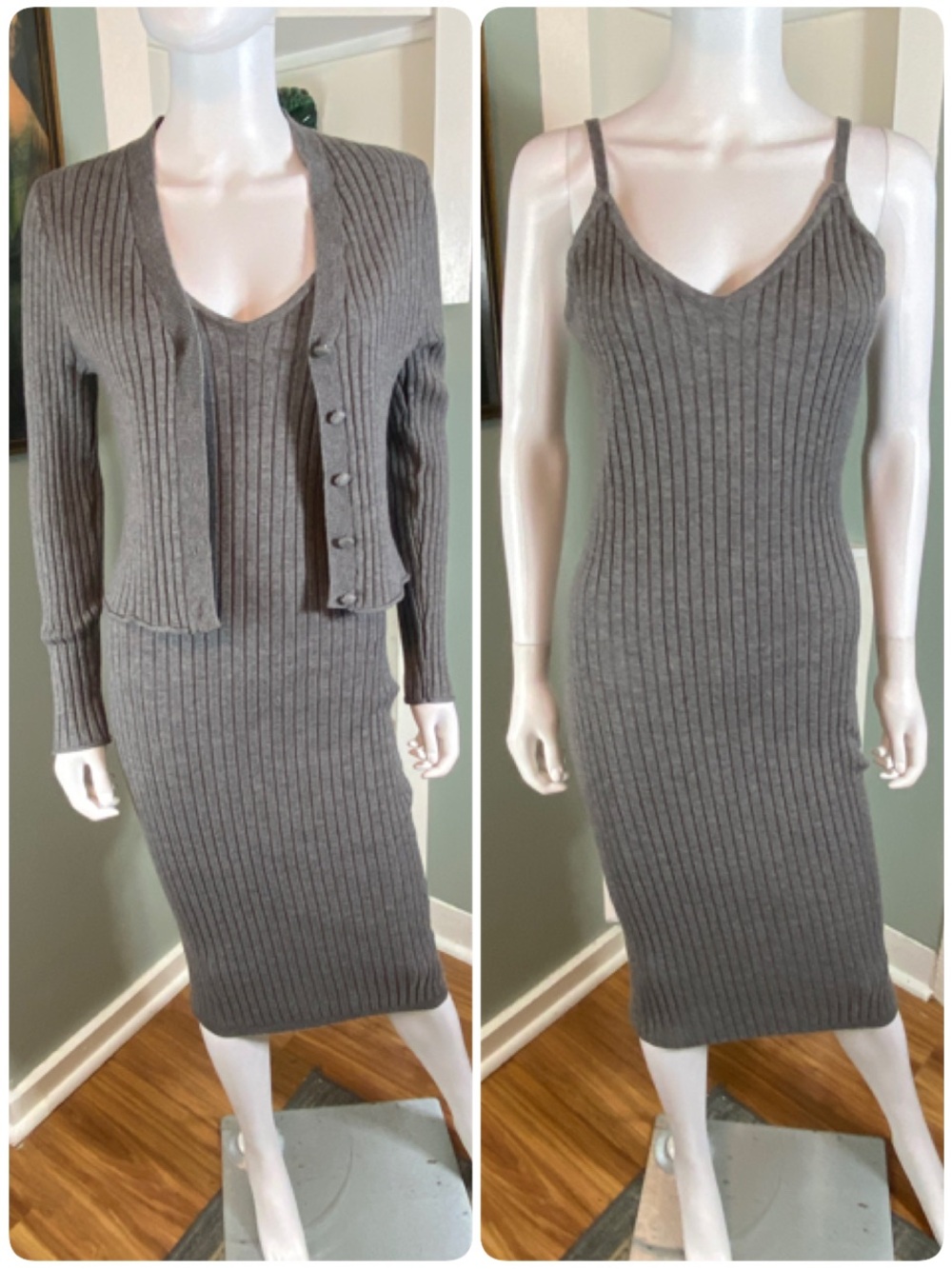 7 For All Mankind Grey Ribbed Knit Midi Bodycon Dress Sweater Cardigan Set [TE]